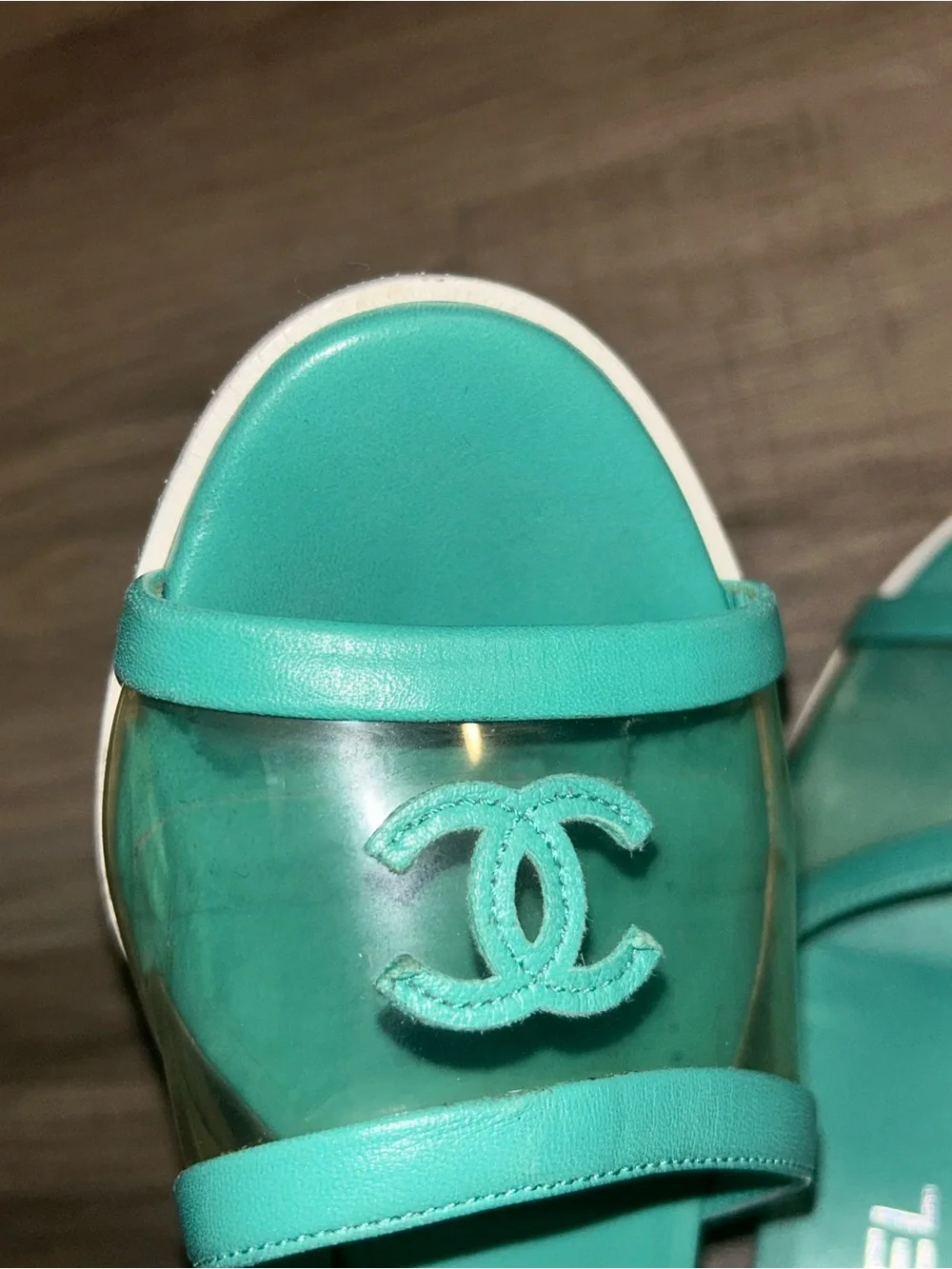 CHANEL Turquoise Green Leather PVC Slide Sandals-SIZE 36